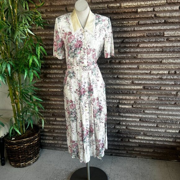 Karin Stevens Vintage 80s Rose Cottage Floral Lace Collar Shirtwaist Dress - Picture 14 of 16